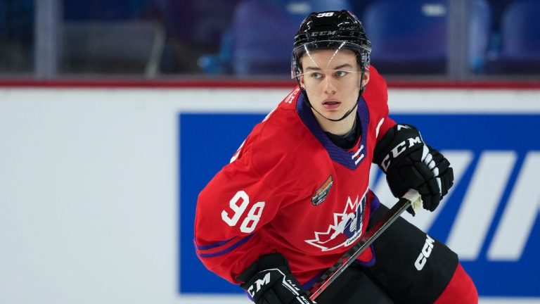 Regina Pats' Connor Bedard takes part in a game day skate ahead of the CHL/NHL Top Prospects game, in Langley, B.C., on Wednesday, January 25, 2023. (CP)