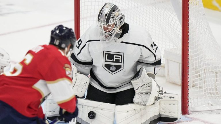 Florida Panthers center Aleksander Barkov (16) attempts a shot at Los Angeles Kings goaltender Pheonix Copley (29) during the second period of an NHL hockey game, Friday, Jan. 27, 2023, in Sunrise, Fla. (Wilfredo Lee/AP)