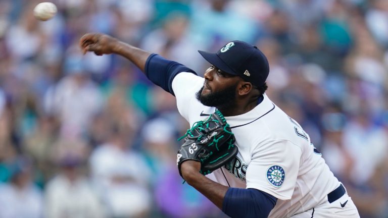 Seattle Mariners relief pitcher Diego Castillo delivers a pitch against the Houston Astros during the ninth inning in Game 3 of an American League Division Series baseball game Saturday, Oct. 15, 2022, in Seattle. (Abbie Parr/AP)