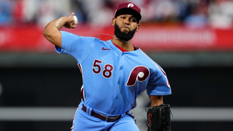 Philadelphia Phillies relief pitcher Seranthony Dominguez throws during the seventh inning in Game 5 of baseball's World Series between the Houston Astros and the Philadelphia Phillies on Thursday, Nov. 3, 2022, in Philadelphia. (Matt Slocum/AP)