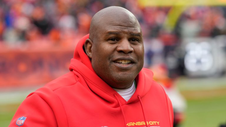 Kansas City Chiefs offensive coordinator Eric Bieniemy is shown before an NFL football game against the Denver Broncos, Saturday, Jan. 8, 2022, in Denver. Passed over innumerable times for head jobs over the past few seasons, Eric Bieniemy is again a hot commodity as the Chiefs prepare for a divisional-round matchup with the Bills on Sunday night. (David Zalubowski/AP)