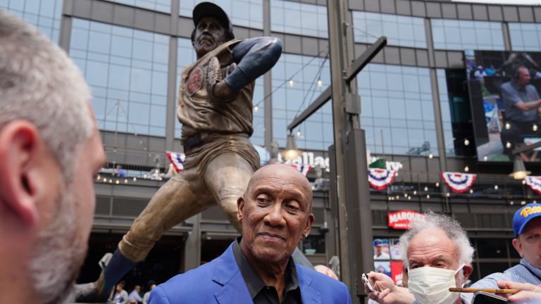 Hall of Famer, Ferguson Jenkins listens to reporters before a baseball game between the Arizona Diamondbacks and the Chicago Cubs in Chicago, Friday, May 20, 2022. the Chicago Cubs unveil a statue honoring legendary Cubs pitcher and Hall of Famer, Ferguson Jenkins. A native of Chatham, Ontario, Jenkins became the first-ever Canadian elected into the National Baseball Hall of Fame following a 19-season major league career, including 10 seasons with the Chicago Cubs. His 347 games started and 2,038 strikeouts with Chicago are the most in franchise history and he is one of 18 pitchers in major league history with over 3000-career strikeouts. (Nam Y. Huh/AP)