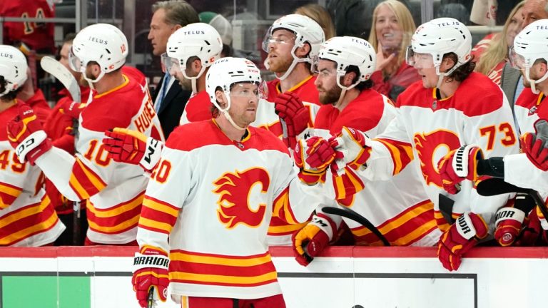 Calgary Flames center Blake Coleman (20) celebrates his goal against the Detroit Red Wings in the second period of an NHL hockey game Thursday, Feb. 9, 2023, in Detroit. (Paul Sancya/AP)