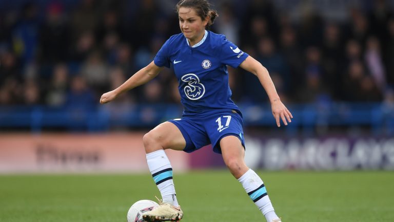 Jessie Fleming of Chelsea in action during the Vitality Women's FA Cup Fourth Round match between Chelsea FC Women and Liverpool Women at Kingsmeadow on January 29, 2023 in Kingston upon Thames, England. (Harriet Lander - Chelsea FC/Chelsea FC via Getty Images)