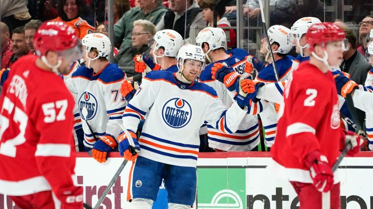 Edmonton Oilers left wing Warren Foegele (37) celebrates his goal against the Detroit Red Wings in the second period of an NHL hockey game Tuesday, Feb. 7, 2023, in Detroit. (Paul Sancya/AP)