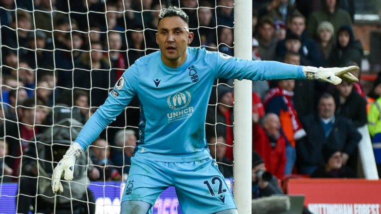 Nottingham Forest's goalkeeper Keylor Navas gives instructions during the English Premier League soccer match between Nottingham Forest and Leeds United at City Ground stadium in Nottingham, England, Sunday, Feb. 5, 2023. (Rui Vieira/AP) 