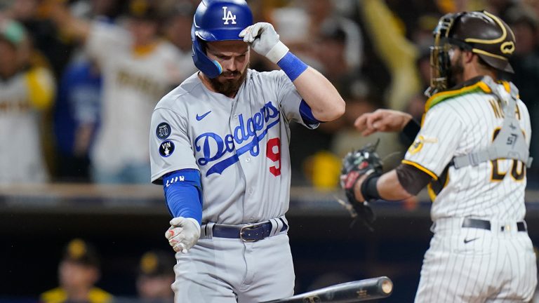 Los Angeles Dodgers' Gavin Lux reacts after striking out to end the top of the sixth inning in Game 4 of a baseball NL Division Series against the San Diego Padres, Saturday, Oct. 15, 2022, in San Diego. (Jae C. Hong/AP)