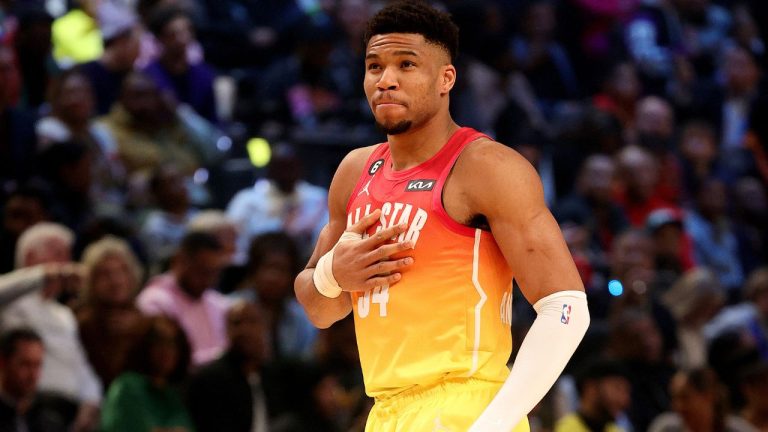 Giannis Antetokounmpo of the Milwaukee Bucks during the first quarter in the 2023 NBA All Star Game between Team Giannis and Team LeBron at Vivint Arena on February 19, 2023 in Salt Lake City, Utah. (Tim Nwachukwu/Getty Images)