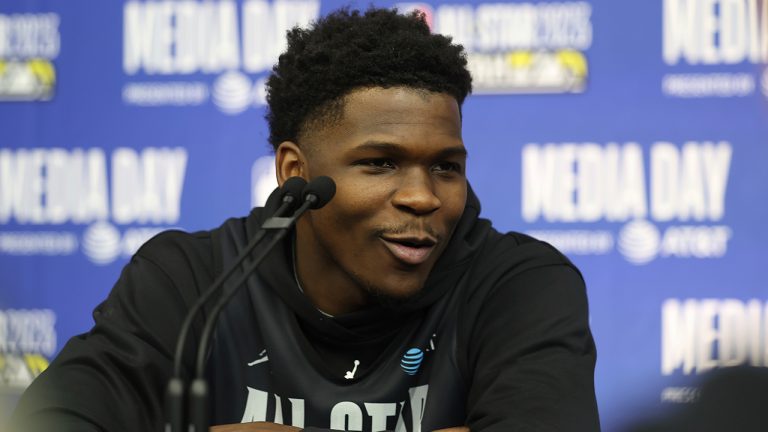 Milwaukee Bucks' Giannis Antetokounmpo addresses the media during the NBA All-Star basketball game media day Saturday, Feb. 18, 2023, in Salt Lake City. (Rob Gray/AP)