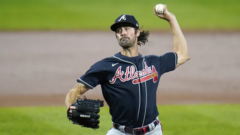 Former Atlanta Braves starting pitcher Cole Hamels throws a pitch to the Baltimore Orioles during the second inning of a baseball game, Wednesday, Sept. 16, 2020, in Baltimore. (Julio Cortez/AP)