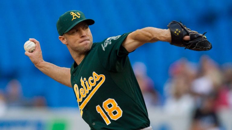 Oakland Athletics starting pitcher Rich Harden works against Toronto Blue Jays during the first inning of MLB baseball action in Toronto on Tuesday August 9, 2011. (CP Photo)
