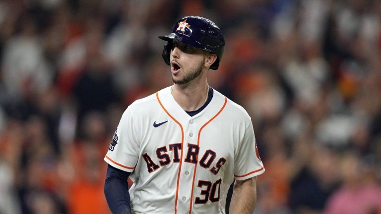 Houston Astros' Kyle Tucker celebrates his home during the second inning in Game 1 of baseball's World Series against the Philadelphia Phillies on Oct. 28, 2022, in Houston. Tucker went to salary arbitration with the World Series champion Astros on Wednesday, Feb. 8, 2023, asking for $7.5 million rather than the team's $5 million offer. (David J. Phillip/ AP FIle)