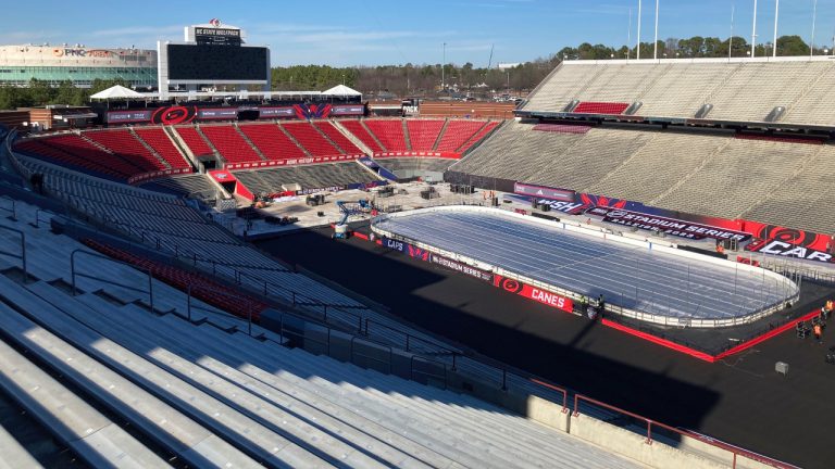 Carter-Finley Stadium in Raleigh, N.C., is prepared to host an NHL Stadium Series hockey game Tuesday, Feb. 14, 2023. The Washington Capitals and the Carolina Hurricanes are scheduled to play Saturday at the stadium. (Aaron Beard/AP)