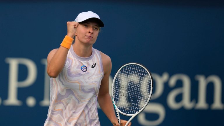 Poland's Iga Świątek celebrates after she beats Liudmila Samsonova during a match of the Dubai Duty Free Tennis Championships in Dubai, United Arab Emirates, Wednesday, Feb 22, 2023. (AP)