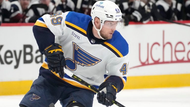 St. Louis Blues forward Ivan Barbashev looks to pass the puck. (David Zalubowski/AP)