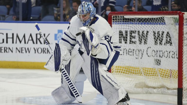 Toronto Maple Leafs goaltender Joseph Woll (60) warms up before the team's NHL hockey game. (Joshua Bessex/AP)