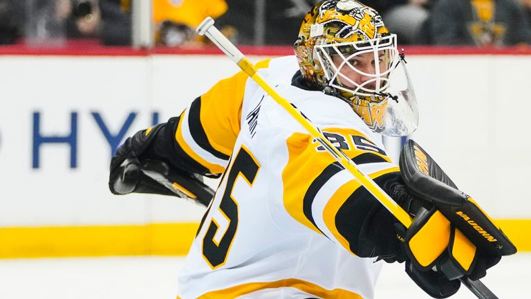 Pittsburgh Penguins goaltender Tristan Jarry (35) protects his net during the second period of an NHL hockey game against the New Jersey Devils, Sunday, Jan. 22, 2023, in Newark, N.J. (Frank Franklin II/AP)