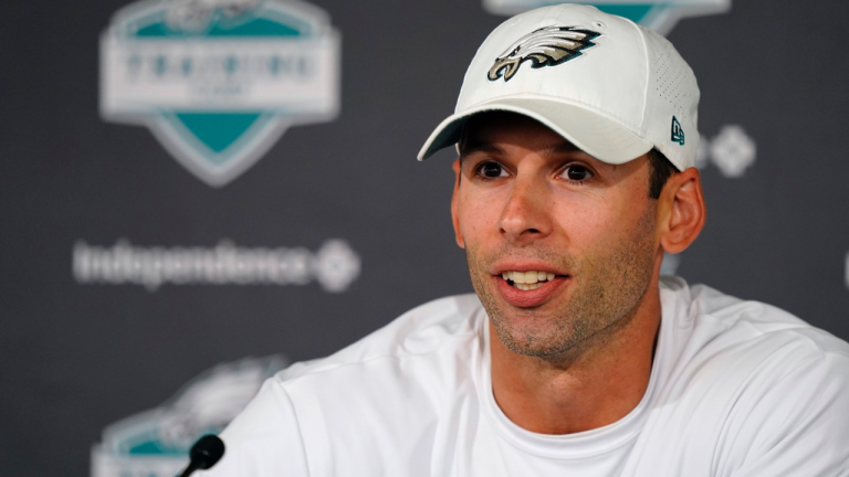 Philadelphia Eagles defensive coordinator Jonathan Gannon speaks during a news conference during training camp at the NFL football team's practice facility, Friday, July 29, 2022, in Philadelphia. (Matt Slocum/AP)