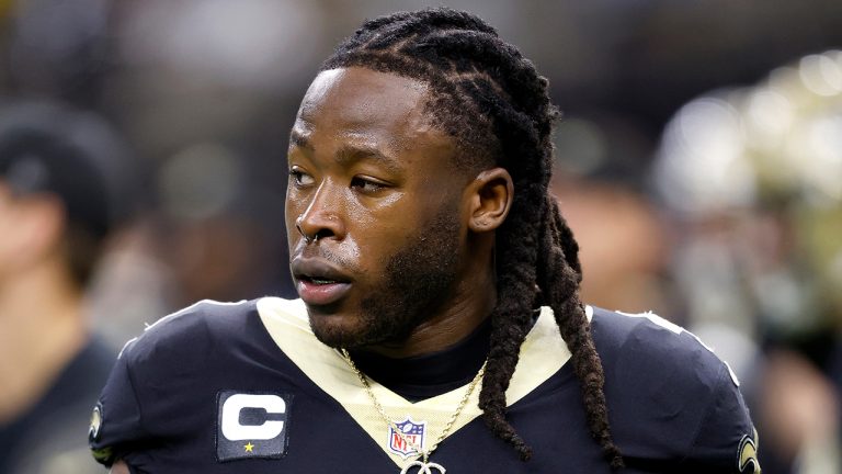 New Orleans Saints running back Alvin Kamara warms up for the team's NFL football game against the Las Vegas Raiders, Oct. 30, 2022, in New Orleans. (Tyler Kaufman/AP)