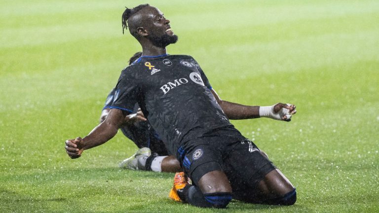 CF Montreal’s Kei Kamara celebrates after scoring against Chicago Fire during first half MLS soccer action in Montreal, Tuesday, September 13, 2022.(Graham Hughes/The Canadian Press)