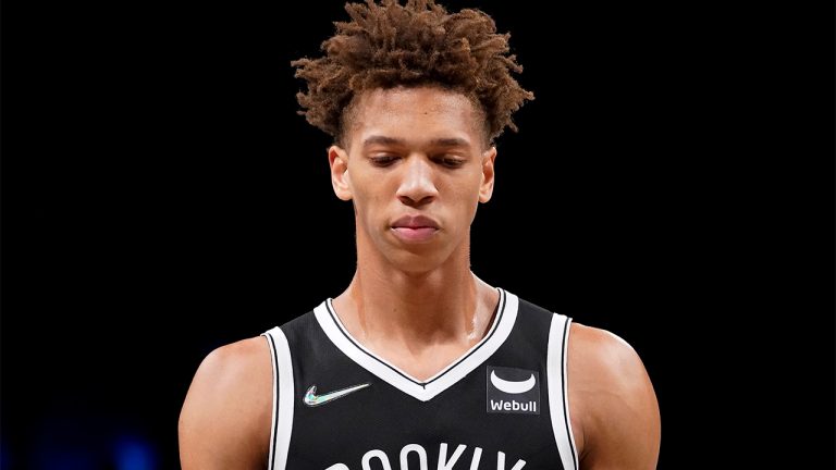 Brooklyn Nets forward Kessler Edwards reacts as his team takes on a 26 point deficit in the first quarter of an NBA basketball game against the Boston Celtics, Tuesday, Feb. 8, 2022, in New York. (John Minchillo/AP)