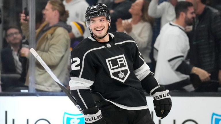 Los Angeles Kings left wing Kevin Fiala (22) celebrates after scoring during the third period of an NHL hockey game against the Anaheim Ducks Tuesday, Dec. 20, 2022, in Los Angeles. (Ashley Landis/AP)