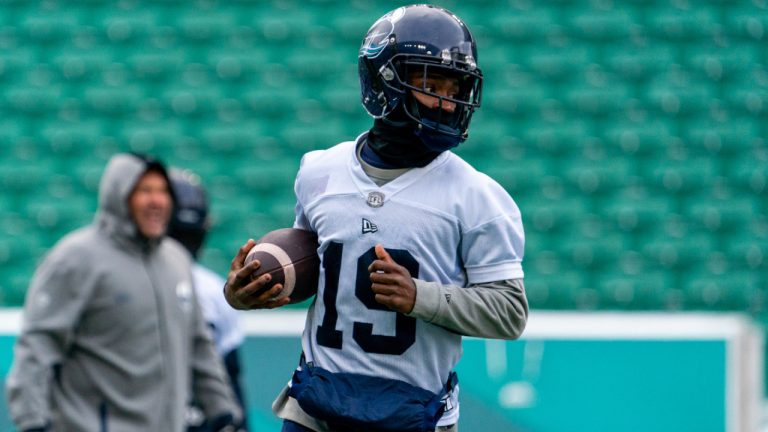 Toronto Argonauts wide receiver Kurleigh Gittens Jr. (19) runs with the football during practice at Mosaic Stadium in Regina, on Wednesday, November 16, 2022.  (Heywood Yu/CP)