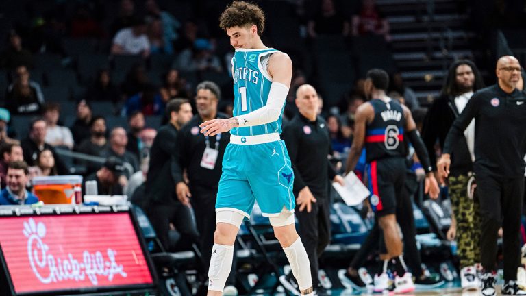 Charlotte Hornets guard LaMelo Ball walks off the court after being shaken up on a play during the second half of an NBA basketball game against the Detroit Pistons in Charlotte, N.C., Monday, Feb. 27, 2023. (Jacob Kupferman/AP)