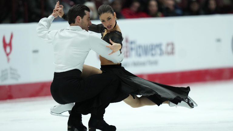 Laurence Fournier Beaudry and Nikolaj Soerens perform during the senior ice dance free dance event at the Canadian Figure Skating Championships in Oshawa, Ont., on Saturday, January 14, 2023. (Nathan Denette/CP)