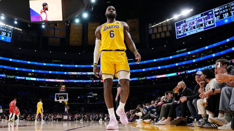 Los Angeles Lakers forward LeBron James walks to the corner of the court during the second half of an NBA basketball game against the New Orleans Pelicans Wednesday, Feb. 15, 2023, in Los Angeles. (Mark J. Terrill/AP Photo)