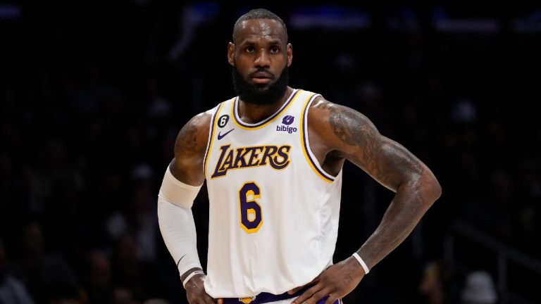 Los Angeles Lakers forward LeBron James (6) stands on the court during the first half of an NBA basketball game against the Philadelphia 76ers in Los Angeles, Sunday, Jan. 15, 2023. (Ashley Landis/AP)