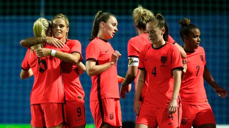 England's Rachel Daly, second left, celebrates after scoring her side's opening goal during the Women's International soccer match between England and Norway in San Pedro del Pinatar, Murcia, Spain, Tuesday, Nov. 15, 2022. (Jose Breton/AP)