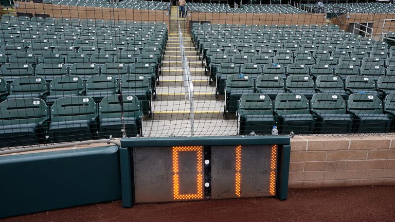 The new pitch clock is seen at Salt River Field Tuesday, Feb. 14, 2023, in Scottsdale, Ariz. (Morry Gash/AP)