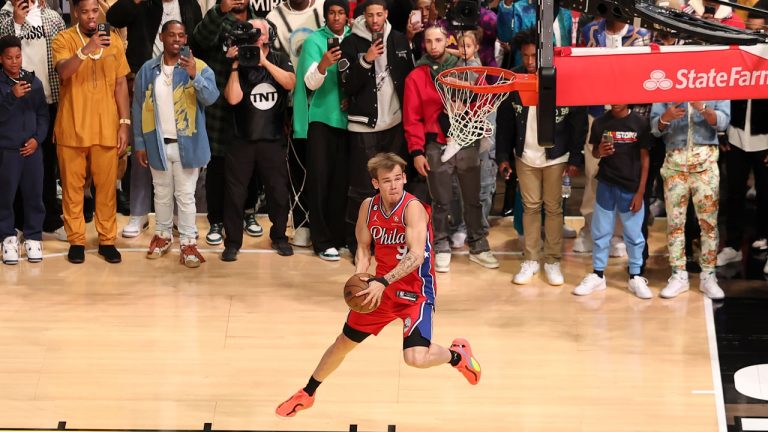 Mac McClung of the Philadelphia 76ers shoots during the slam dunk competition of the NBA basketball All-Star weekend. (Rob Gray/AP)