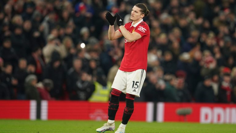 Manchester United's Marcel Sabitzer applauds the fans during the English Premier League soccer match between Manchester United and Leeds United at Old Trafford in Manchester, England, Wednesday, Feb. 8, 2023. (Dave Thompson/AP)