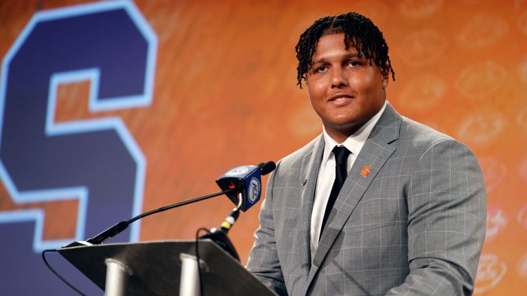 Syracuse offensive lineman Matthew Bergeron answers a question at the NCAA college football Atlantic Coast Conference Media Days. (Nell Redmond/AP)