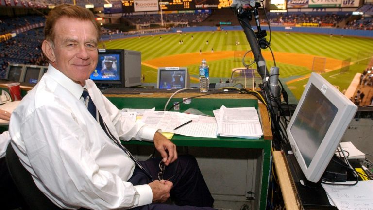 FILE - Baseball announcer Tim McCarver poses in the press box before the start of Game 2 of the American League Division Series on Oct. 2, 2003 in New York. (AP Photo/Kathy Willens, File)