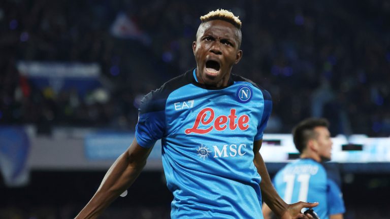 Napoli's Victor Osimhen, seen in this file photo, scored twice on Sunday in a 3-0 win over Spezia. (Alessandro Garofalo/LaPresse via AP) 