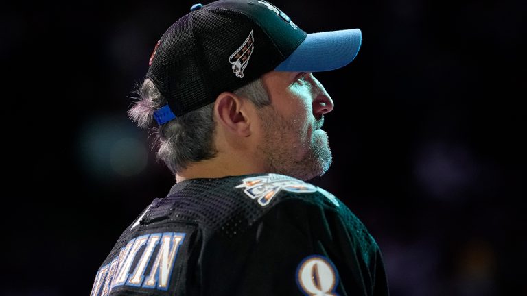 Washington Capitals' Alex Ovechkin stands on the ice during the NHL All Star Skills Showcase, Friday, Feb. 3, 2023, in Sunrise, Fla. (Lynne Sladky/AP)