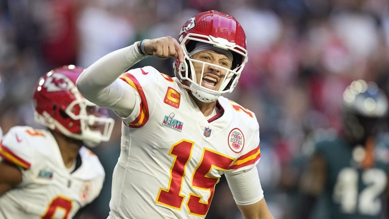 Kansas City Chiefs quarterback Patrick Mahomes (15) celebrates a touchdown against the Philadelphia Eagles during the first half of the NFL Super Bowl 57 football game between the Kansas City Chiefs and the Philadelphia Eagles, Sunday, Feb. 12, 2023, in Glendale, Ariz. (Brynn Anderson/AP)