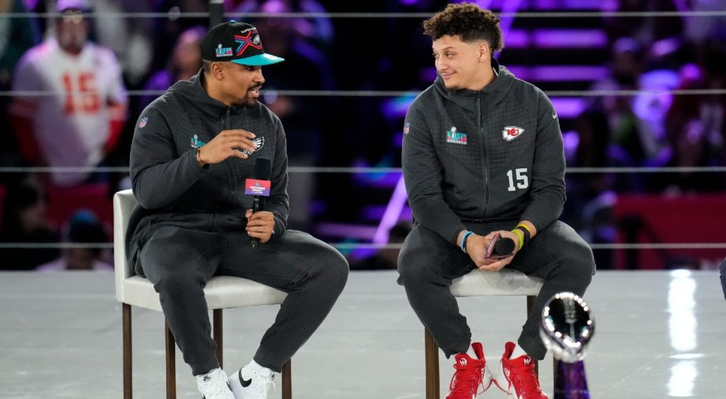 Eagles quarterback Jalen Hurts speaks at Super Bowl Opening Night