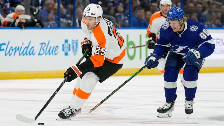 Philadelphia Flyers left wing James van Riemsdyk (25) skates around Tampa Bay Lightning center Vladislav Namestnikov (90) during the first period of an NHL hockey game Tuesday, Oct. 18, 2022, in Tampa, Fla. (Chris O'Meara/AP)