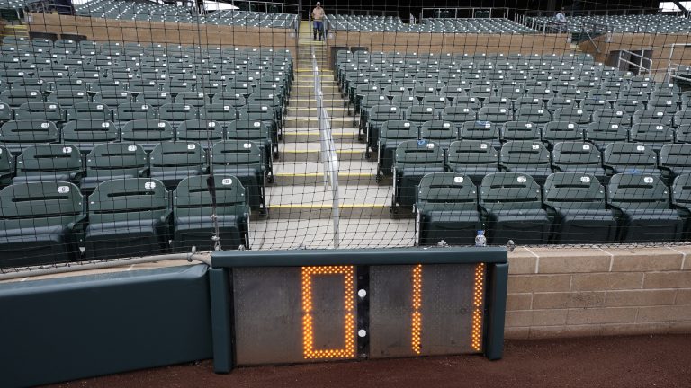 The new pitch clock is seen at Salt River Field Tuesday, Feb. 14, 2023, in Scottsdale, Ariz. Opening day will feature three of the biggest changes in baseball since 1969: Two infielders will be required to be on either side of second base, base size will increase to 18-inch squares from 15 and a pitch clock will be used. (Morry Gash/AP)