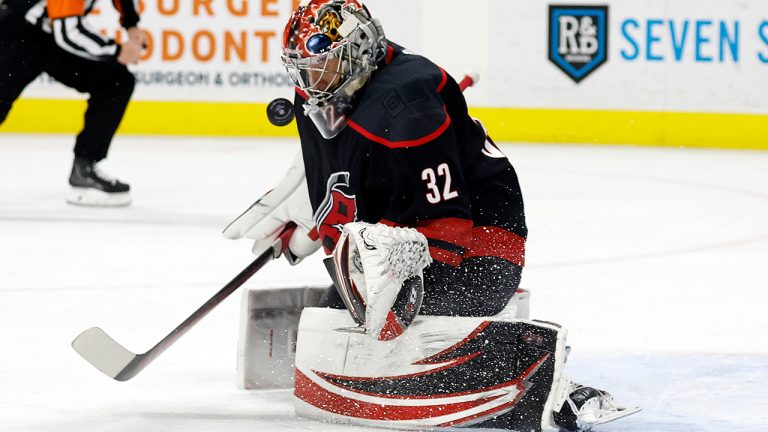 Carolina Hurricanes goaltender Antti Raanta blocks a shot from the Ottawa Senators during the first period of an NHL hockey game in Raleigh, N.C., Friday, Feb. 24, 2023. (Karl B DeBlaker/AP)