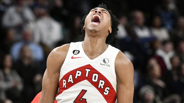 Toronto Raptors forward Scottie Barnes (4) reacts after scoring late in the second half of an NBA basketball game against the Memphis Grizzlies, Sunday, Feb. 5, 2023, in Memphis, Tenn. The Raptors won 106-103. (Brandon Dill/AP)