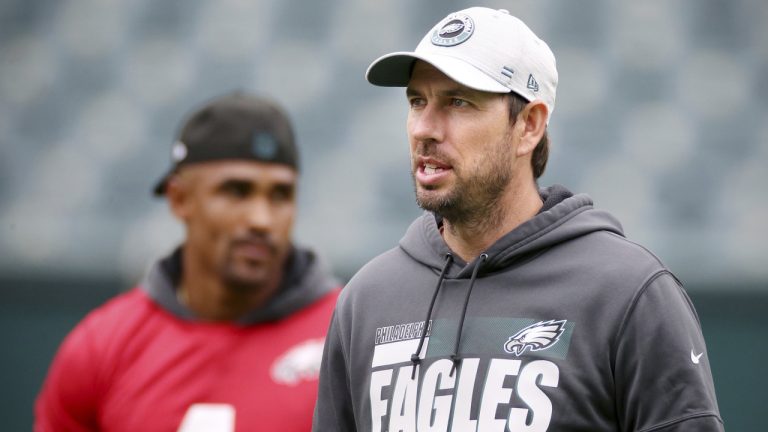 Philadelphia Eagles offensive coordinator Shane Steichen talks during NFL football practice at Lincoln Financial Field, Friday, June 4, 2021, in Philadelphia. (Tim Tai/The Philadelphia Inquirer via AP)