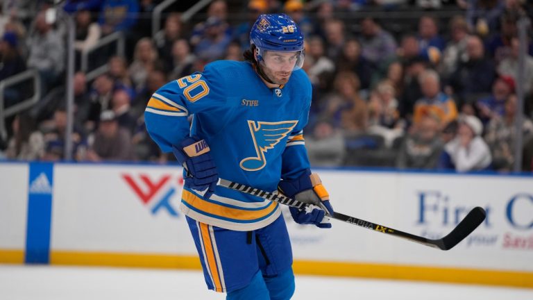 St. Louis Blues' Brandon Saad in action during the first period of an NHL hockey game against the Tampa Bay Lightning Saturday, Jan. 14, 2023, in St. Louis. (Jeff Roberson/AP)