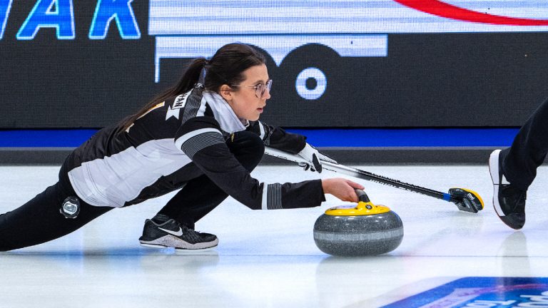 Wild Card 1 team skip Selena Njegovan delivers a rock as they play New Brunswick at the Scotties Tournament of Hearts at Fort William Gardens in Thunder Bay, Ont. on Friday, Jan. 28, 2022. Njegovan has taken over regular skip Tracy Fleury's spot after she tested positive following a COVID-19 test. (Andrew Vaughan/CP)