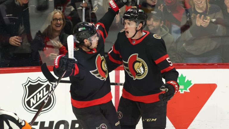 Ottawa Senators Shane Pinto (right) celebrates his goal with teammate Drake Batherson during first period NHL hockey action against the St. Louis Blues at the Canadian Tire Centre in Ottawa on Sunday, February 19, 2023. (Patrick Doyle/CP)