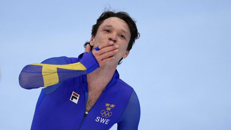 Nils van der Poel of Sweden reacts after breaking his own world record in the men's speedskating 10,000-meter race at the 2022 Winter Olympics, on Feb. 11, 2022, in Beijing. For an ailing search for a 2030 Olympics host now to have Sweden emerge as frontrunner is a surprise in Stockholm as elsewhere. (AP Photo/Sue Ogrocki, File)